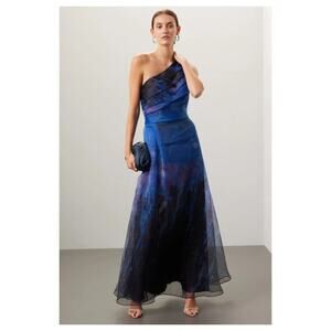 Rene Ruiz Collection Blue Organza Gown One Shoulder Pleated Formal Wedding Sz 14
